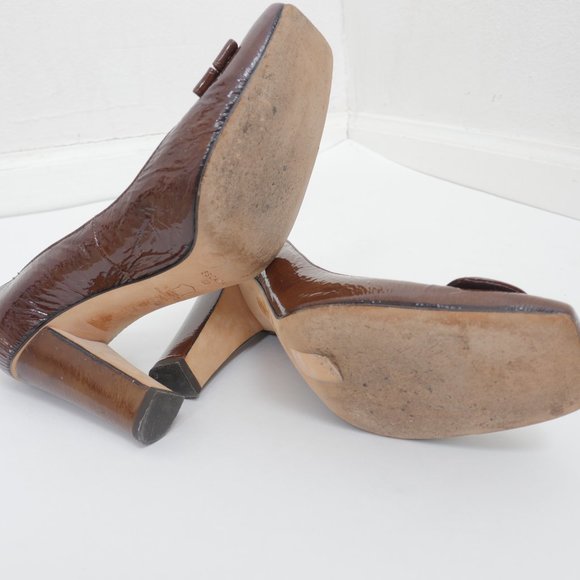 Escada Brown Patent Leather Gold Toe Detail 4" Heel Vintage Size 37 Work Shoes - Picture 14 of 14